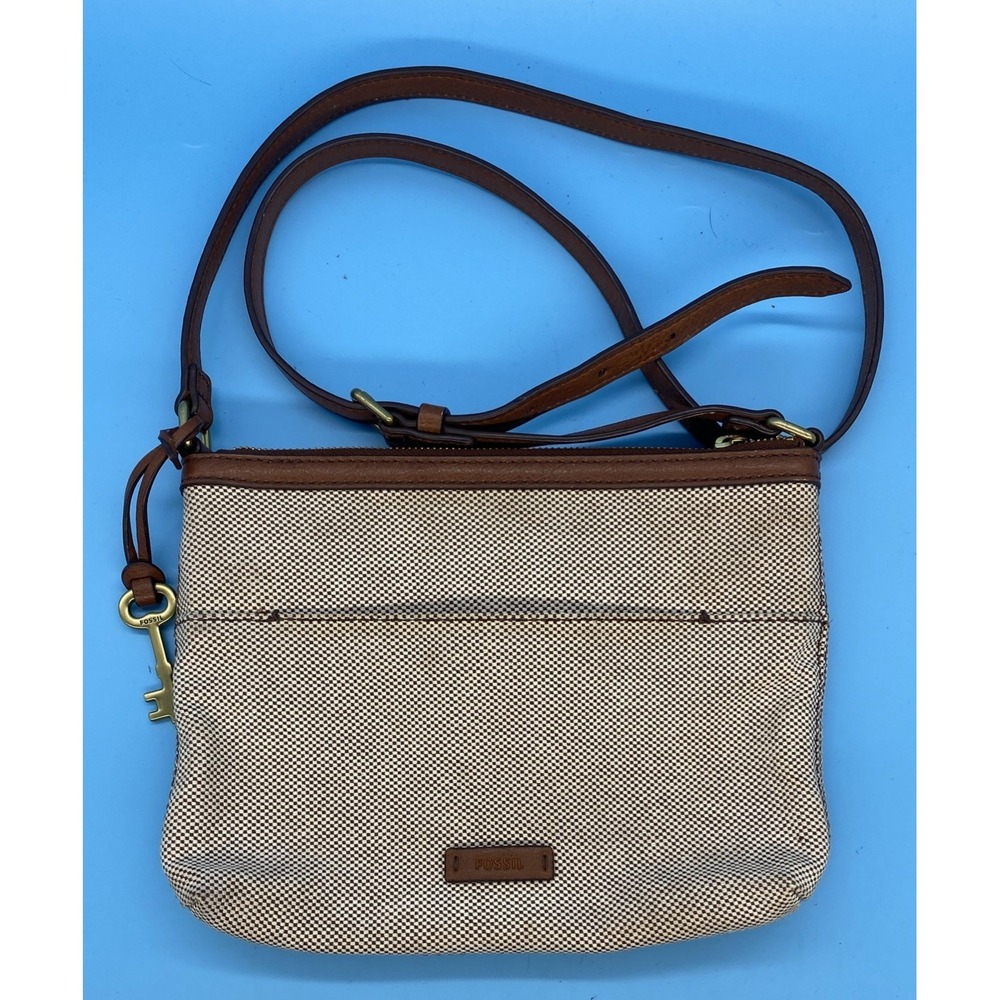 Fossil Fiona Canvas Fabric Brown Leather Crossbody Bag Purse Gold Hardware